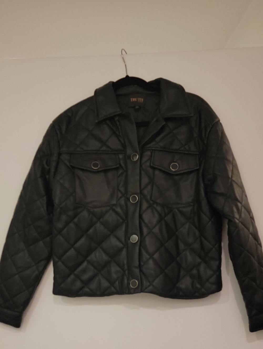 Truth By Republic Quilted Black Faux Leather Shacket Jacket Gold Hardware Button